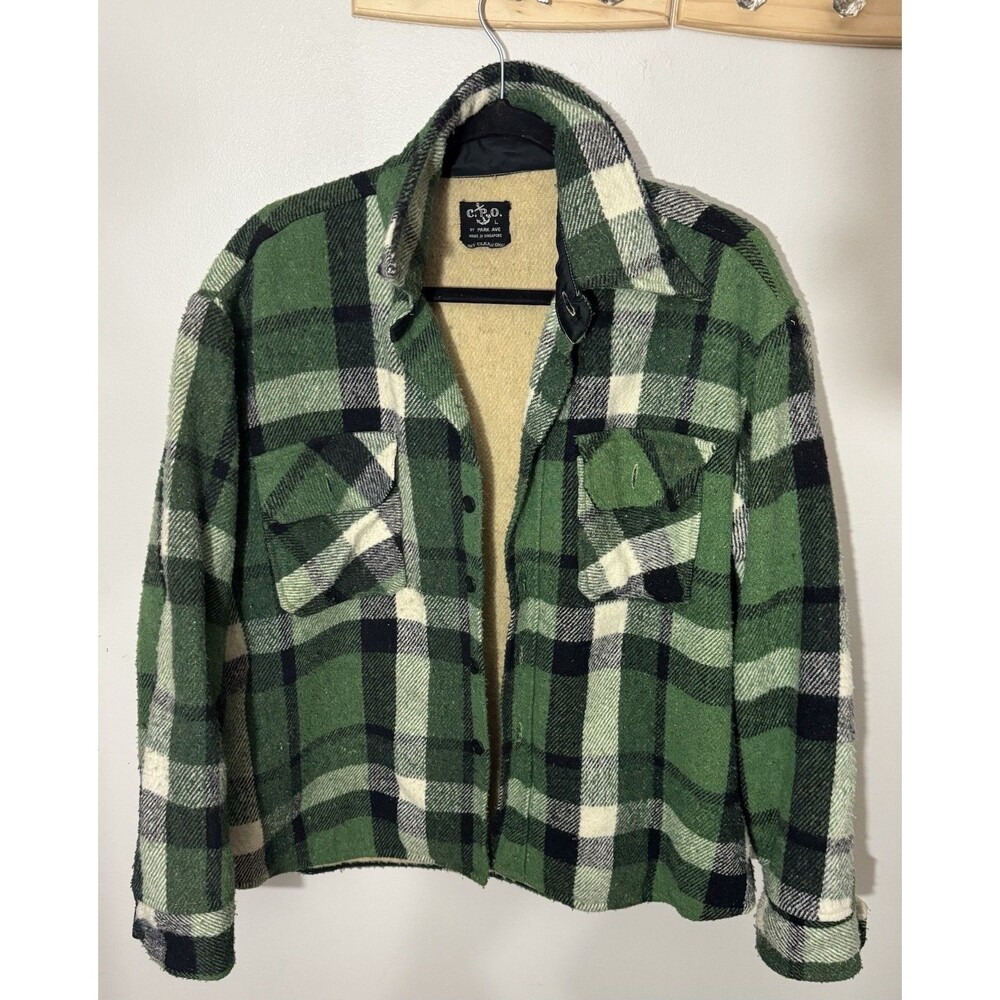 Vintage 1960s C.P.O - Heavy Wool Green plaid shirt by Park Ave-Men’s Large